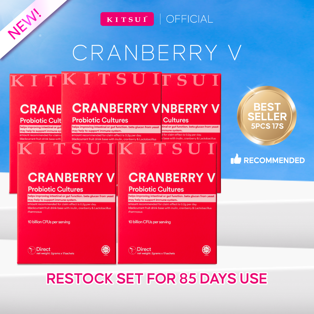 KITSUI Cranberry V Probiotic 17's x 2g | Cranberry Supplement for Women, Intimate Care, Probiotic & Prebiotic, Antioxidant & Daily Wellnes