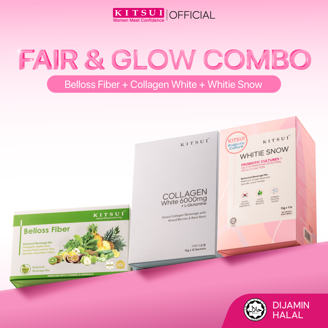 KITSUI [Fair & Glow Combo] 1x Whitie Snow + 1x Collagen White + 1x Belloss Pre+Pro/Belloss Fiber